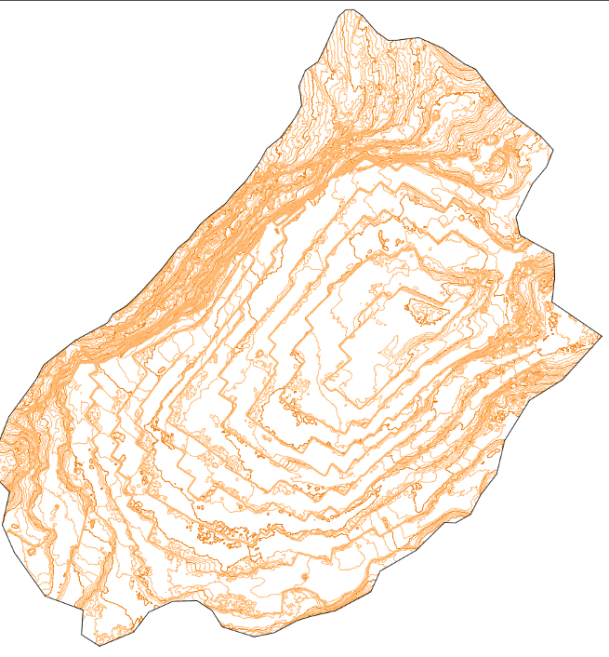 Απεικόνιση ψηφιακού μοντέλου εδάφους με ισοϋψείς, με χρωματική διαβάθμιση ανάλογα με το υψόμετρο και δίκτυο τριγώνων.